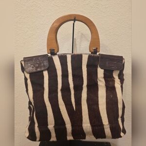 Vintage Laura DiMaggio Calf Hair Zebra Print Tote Bag with Wood Handles